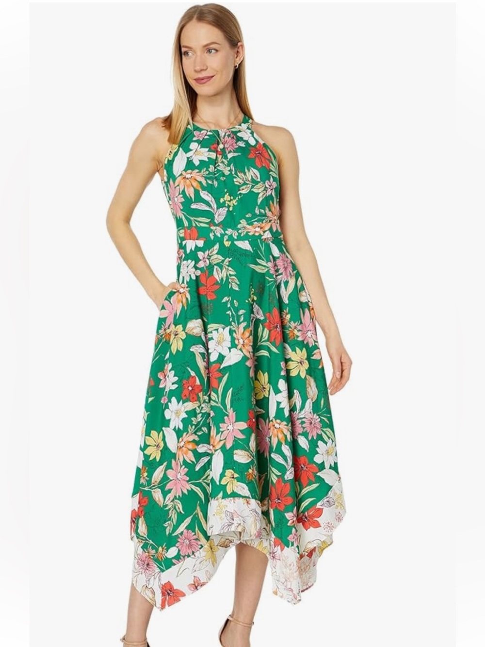 Vince Camuto Green Floral Halter Handkerchief Hem Dress